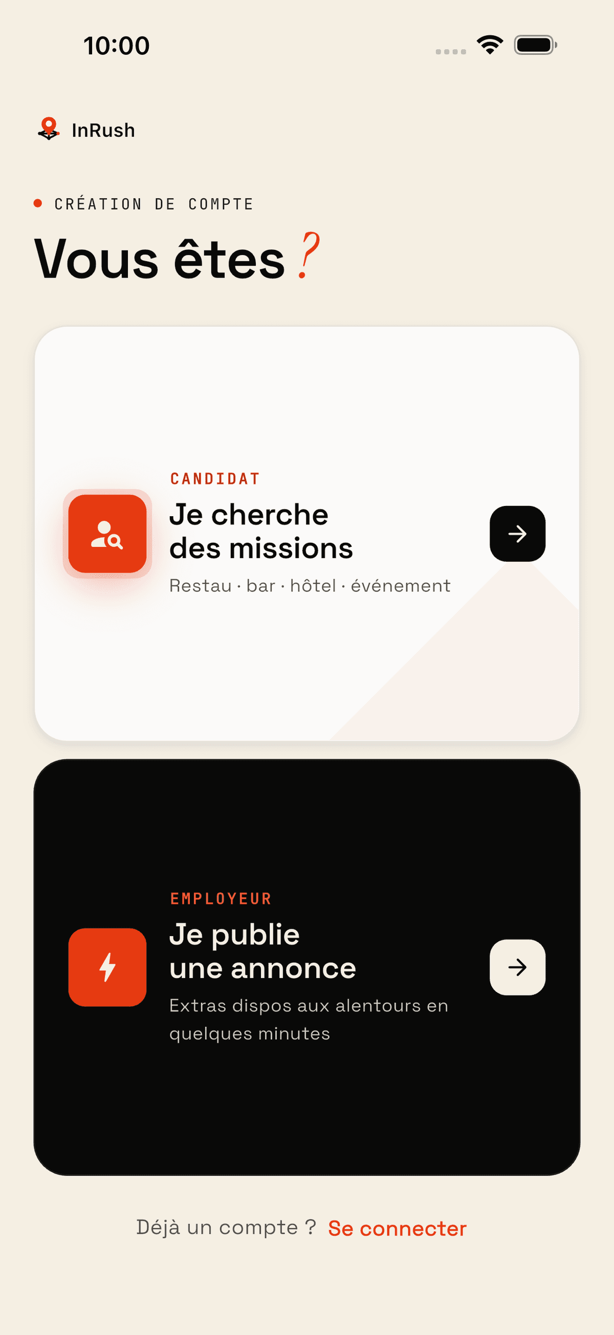 Écran de création de compte de l'application InRush : le candidat choisit « Je cherche des missions » — restaurant, bar, hôtel, événement.