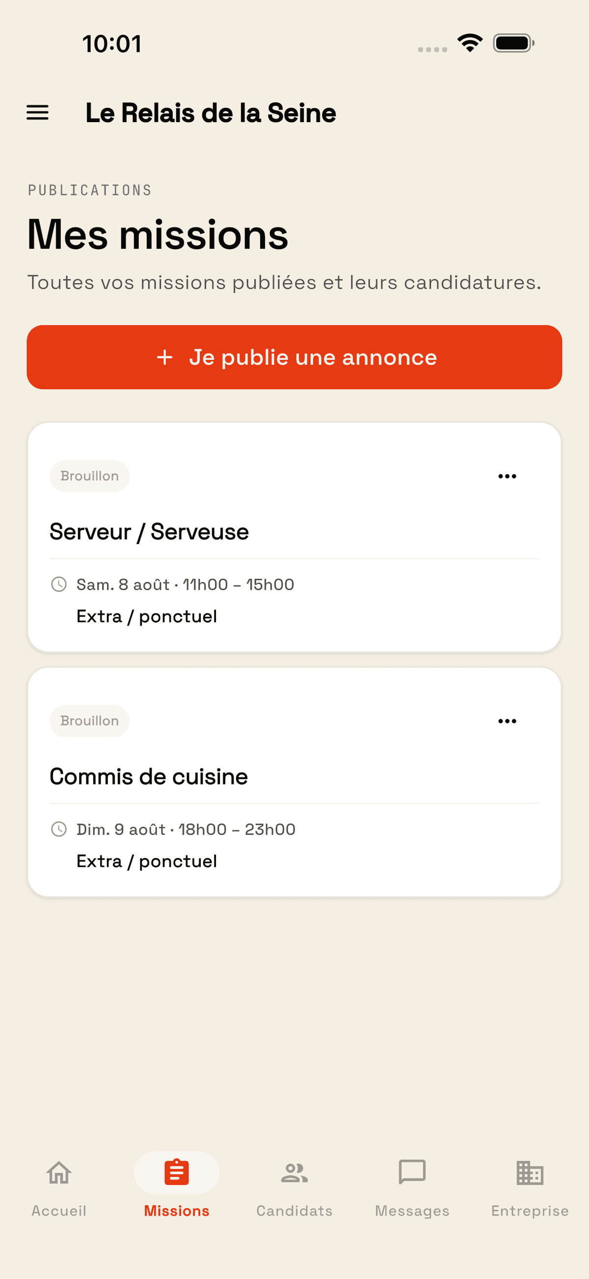 Écran « Mes missions » de l'application InRush côté établissement : les missions publiées et le bouton « Je publie une annonce ».